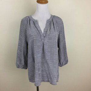 JOIE Womens sz XS Light Gray White Print 100% Silk V Neck Elastic Cuff Shirt